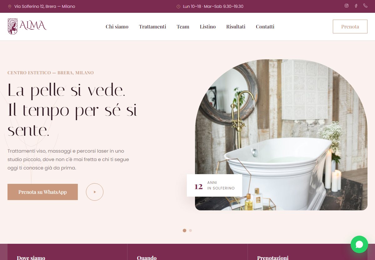 Home del sito Alma Beauty Studio: interni del centro estetico in toni cipria con il nome e il pulsante di prenotazione