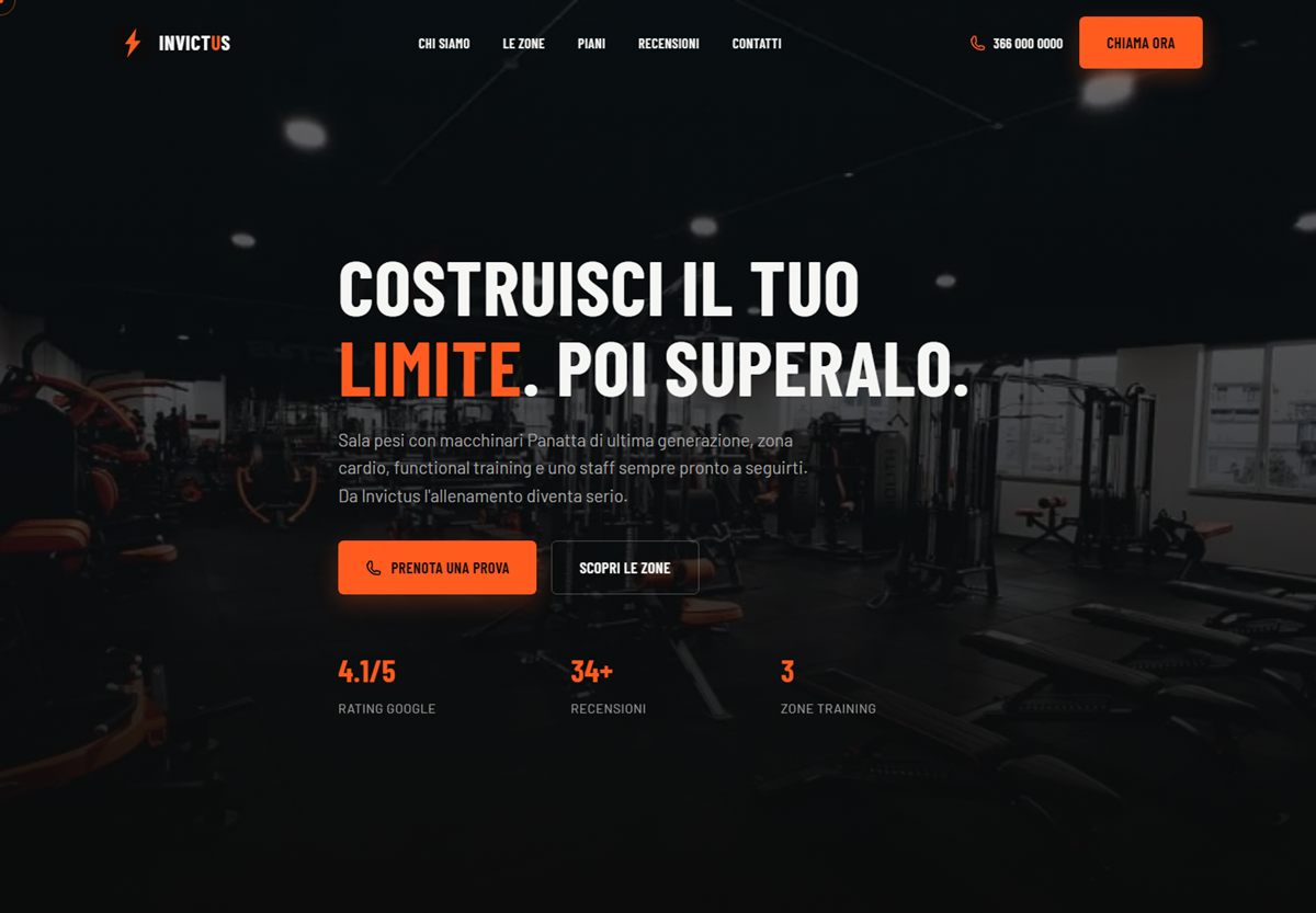 Home del sito Invictus Gym: fondo nero, titolo Costruisci il tuo limite e pulsante arancione per prenotare una prova