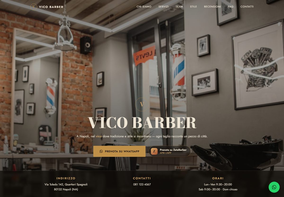 Home del sito Vico Barber: foto dell'interno della barbieria con il nome in grande e il pulsante dorato per prenotare