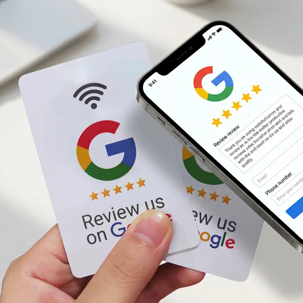 Card per le recensioni Google avvicinata al telefono, che apre la pagina della recensione