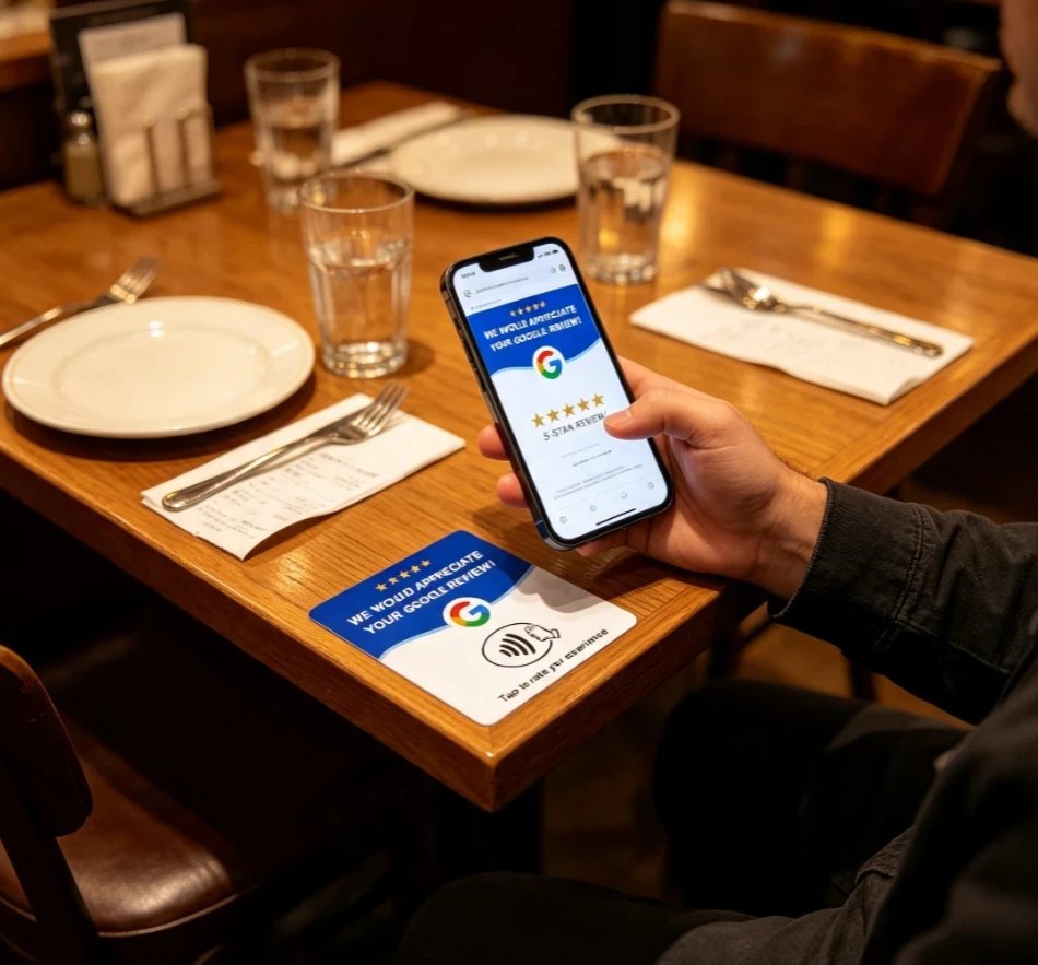 Card per le recensioni sul tavolo del ristorante, con il telefono accanto